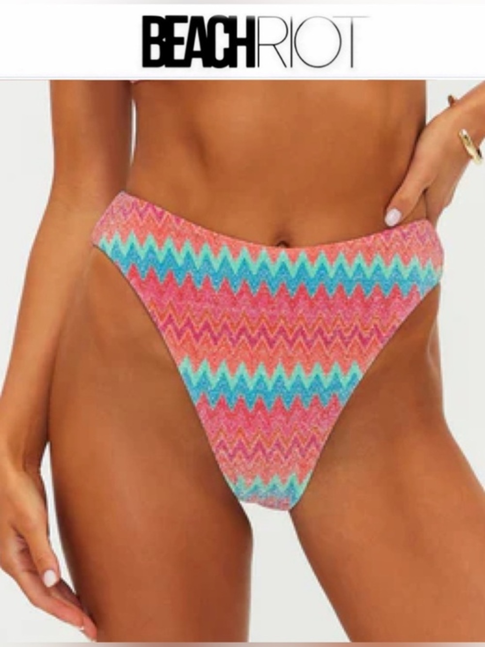 Beach Riot Amarie Bottom Strawberry Ice Chevron Shine Pink High-Cut Bikini L NWT
